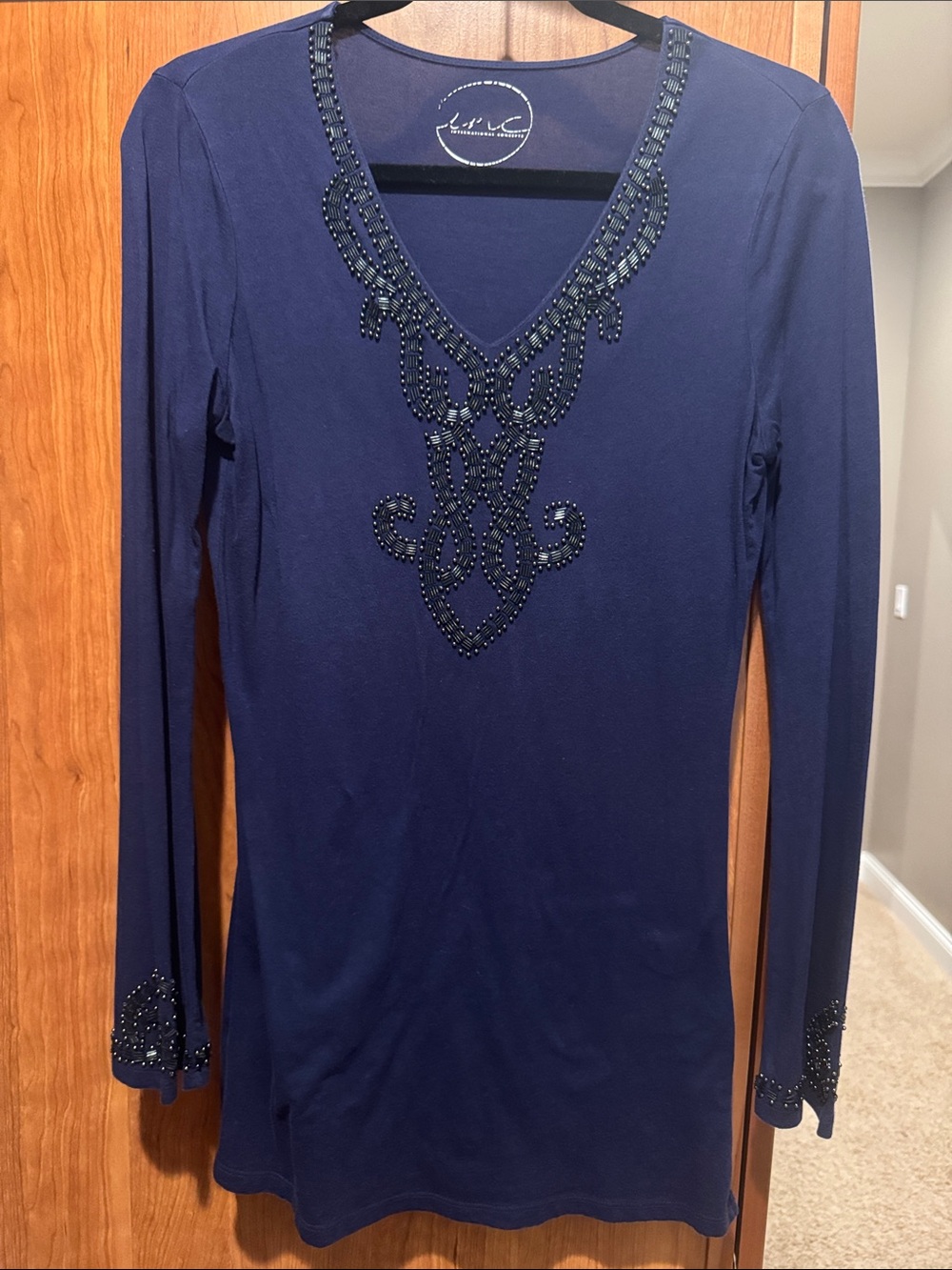 INC International Concepts Navy Long Sleeve Beaded V-Neck Top